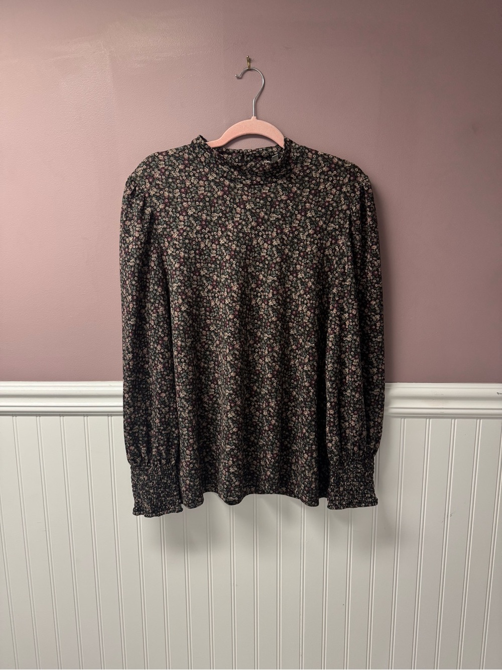 Reitmans Black Floral Mock Neck Long Sleeve Blouse